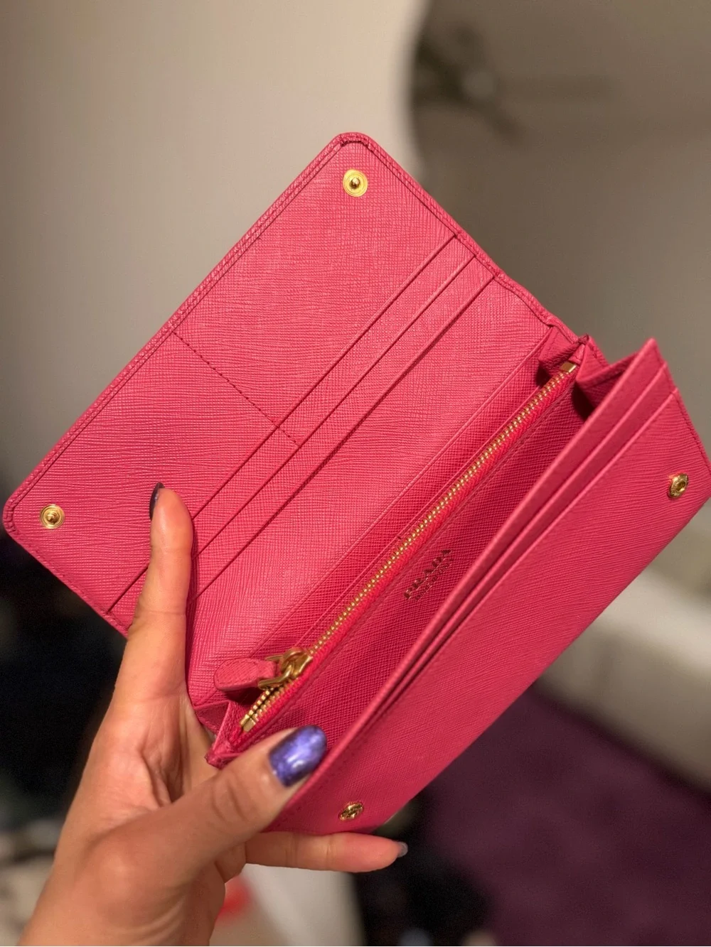 Prada Pink Saffiano Leather Continental Long Wallet Gold Logo Bifold